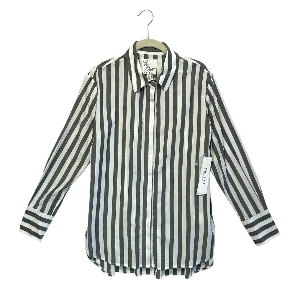Tribal Striped The Shirt NWT Women's Sz PS Gray White Relaxed Nautical Timeless